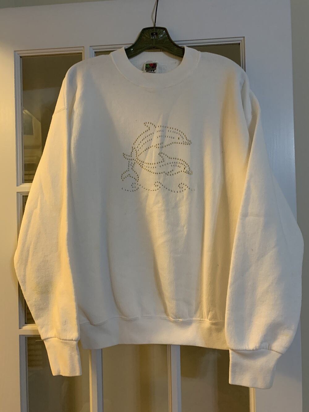 White crewneck dolphin studded long sleeve sweatshirt womens LG